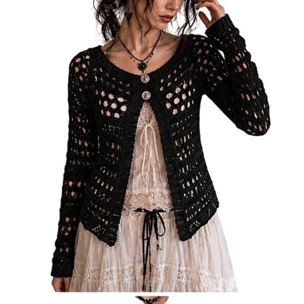Jenny Moda Italy Open Knit Crochet Cardigan Sweater S Whimsigoth Fairy Black